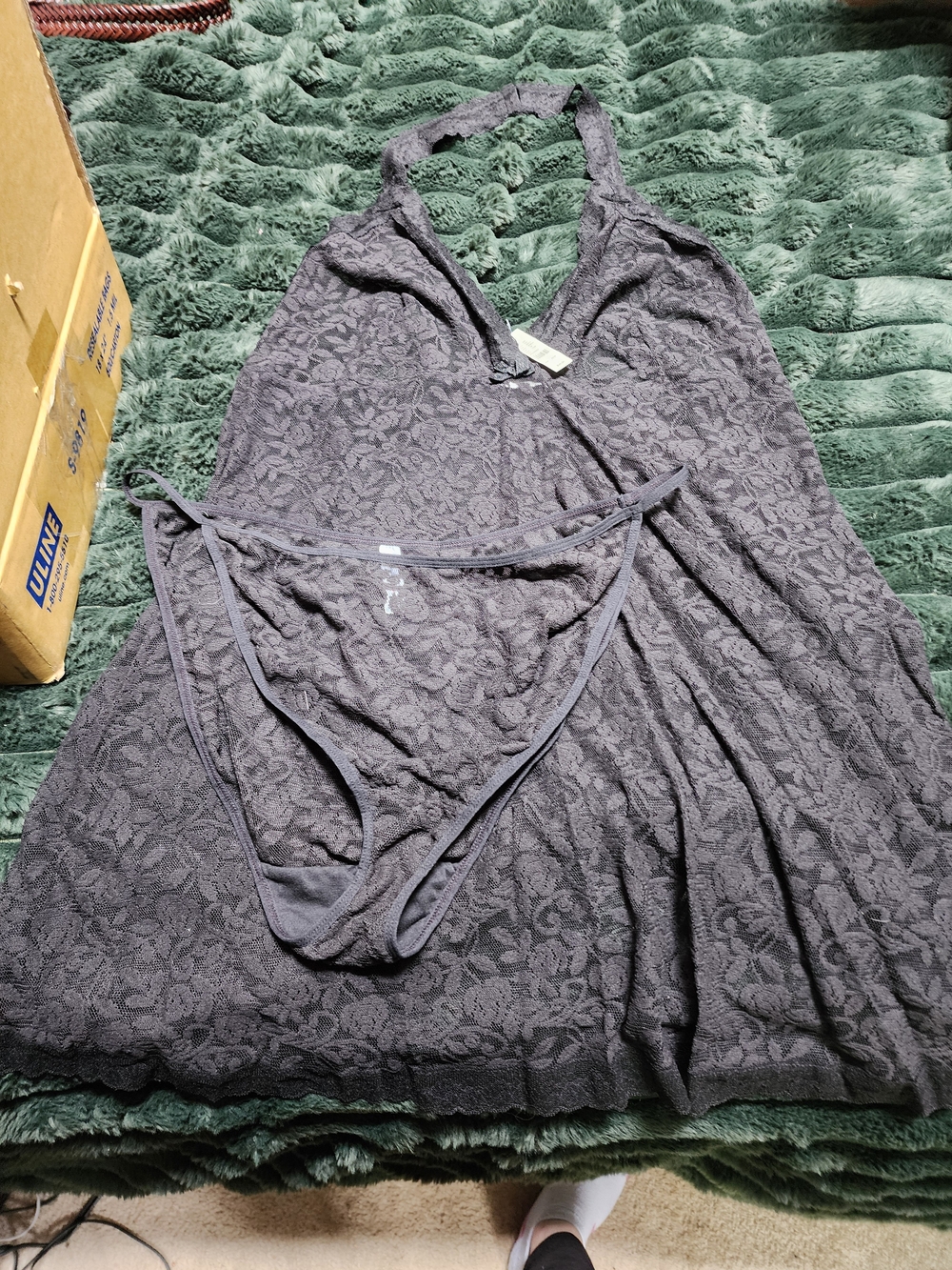 Cacique Lace Halter Chemise Nightgown with Matching Bikini - Black